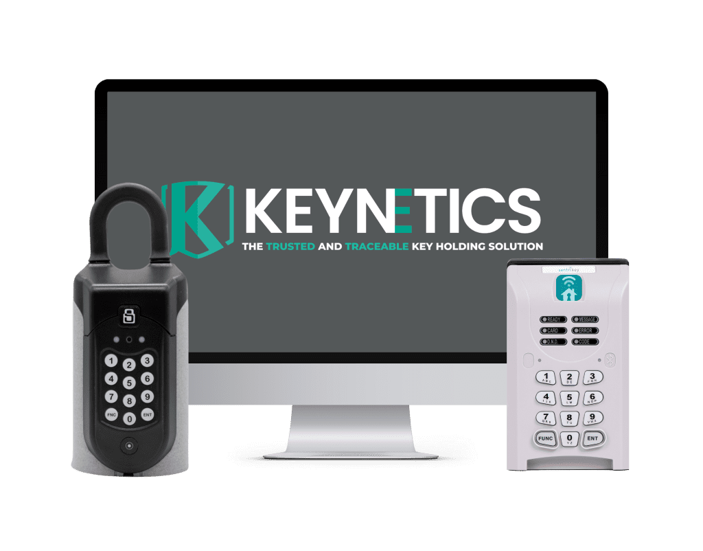 Keynetics access control systems: a sentriguard key safe, a SentriKey lockbox and a monitor displaying keynetics logo