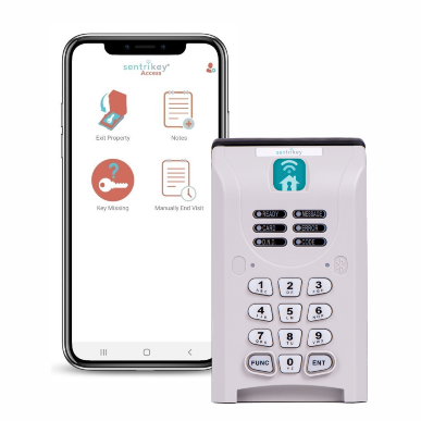 Sentrikey app on a mobile phone screen and a sentrikey key lockbox