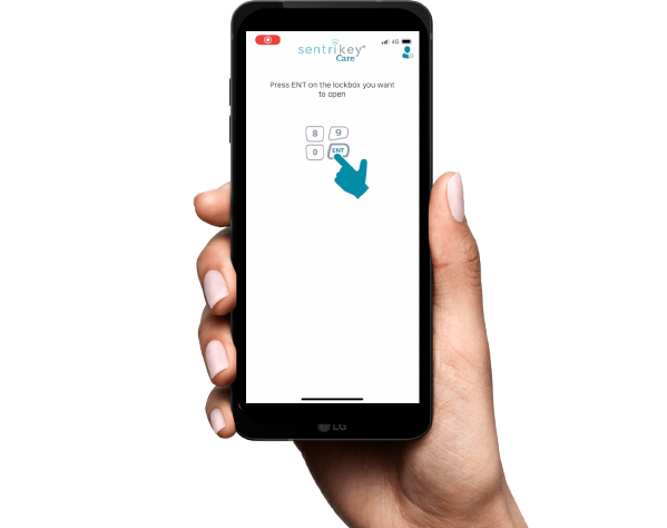A mobile phone with Sentrikey Care app for key safe access on screen