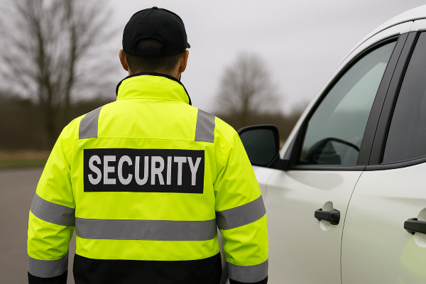 A security guard standing next to a van